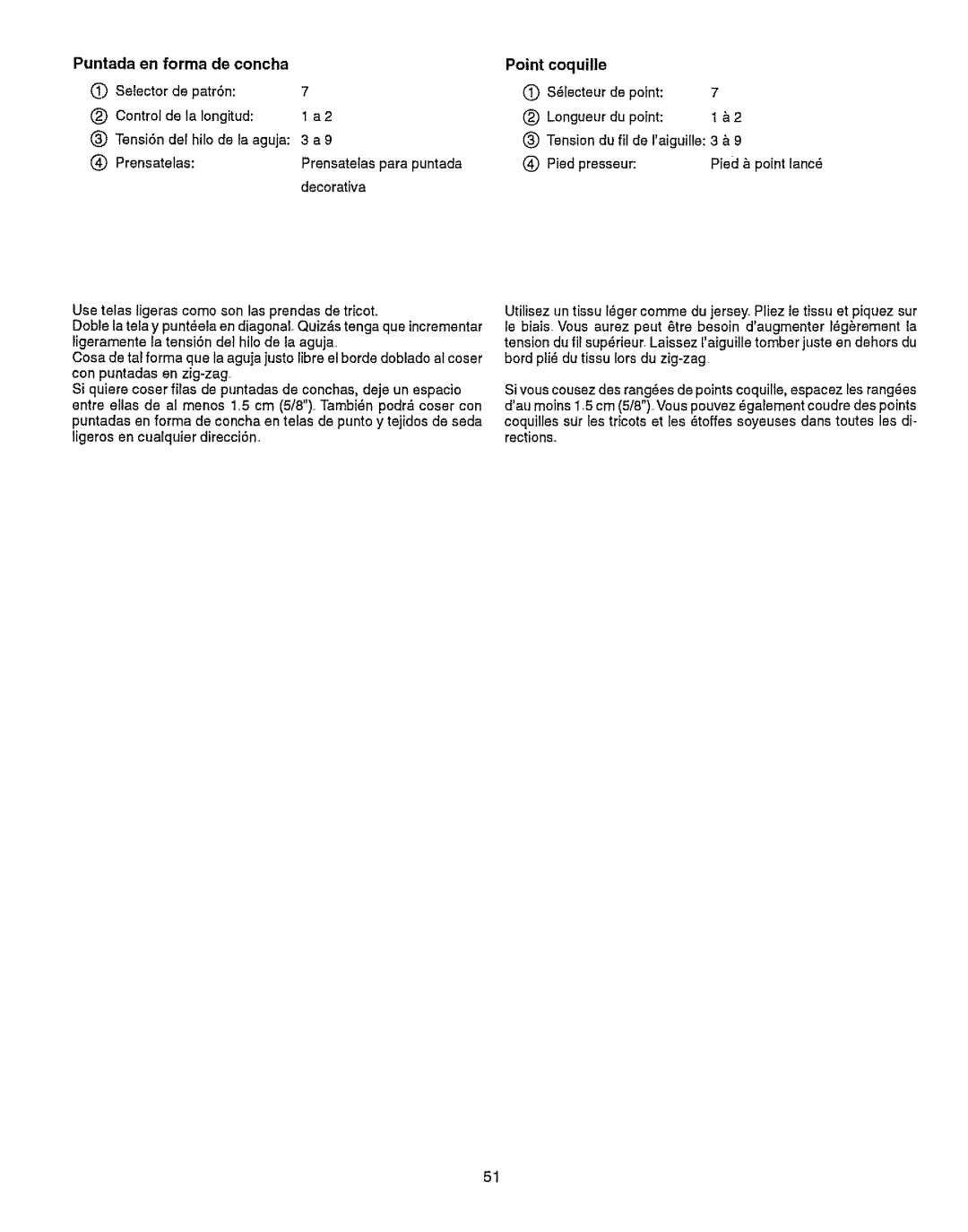 Kenmore 385.15512 owner manual Puntada en forma de concha, Coquille, Du point 