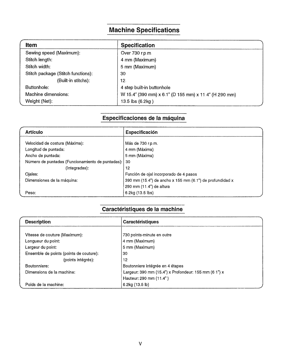 Kenmore 385.15512 owner manual Specification, Especificaciones De la mdquina, Caractdristiques De la machine 