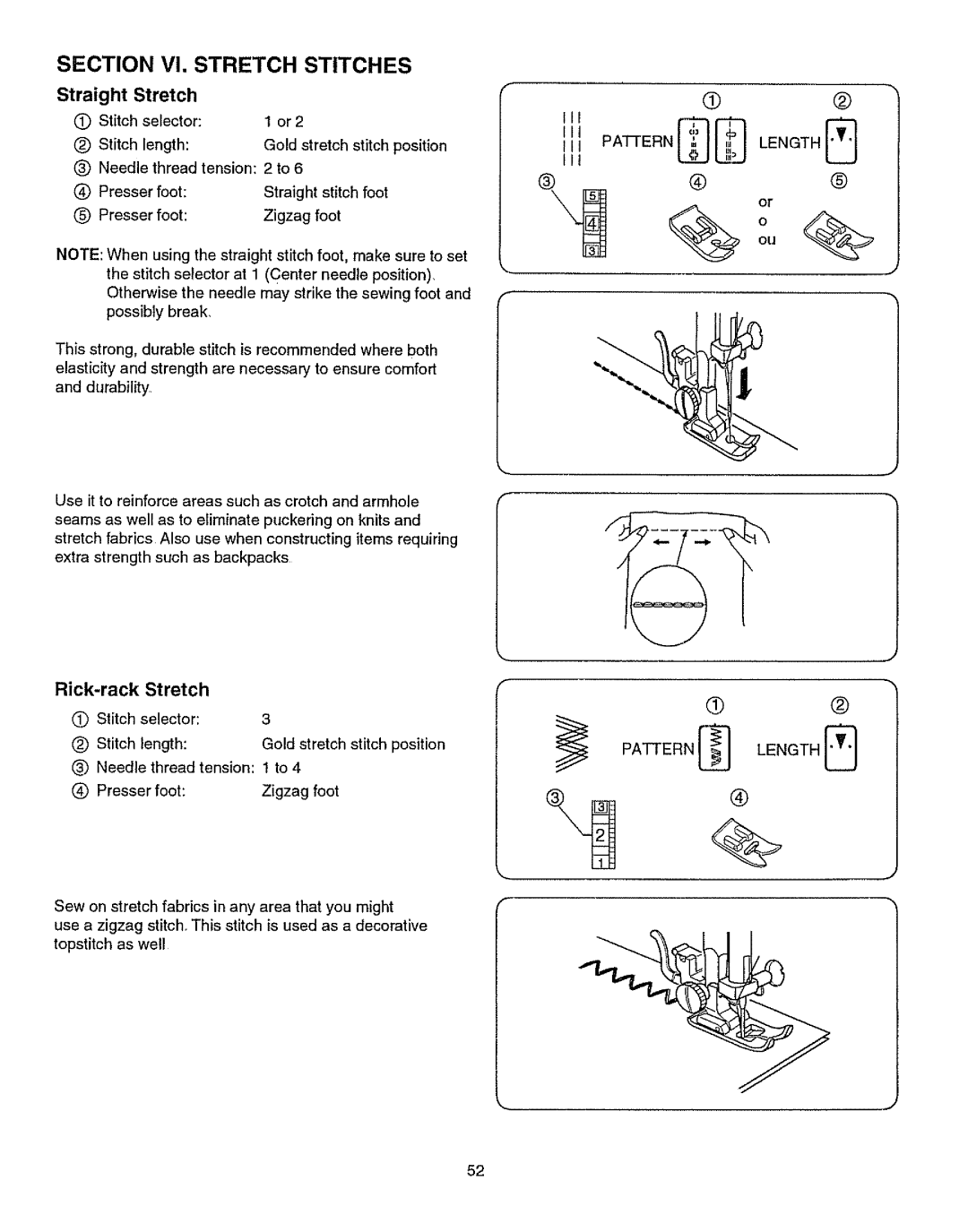 Kenmore 385.15512 owner manual Section VI. Stretch Stitches, Straight, Rick-rack Stretch, Gold stretch stitch position 