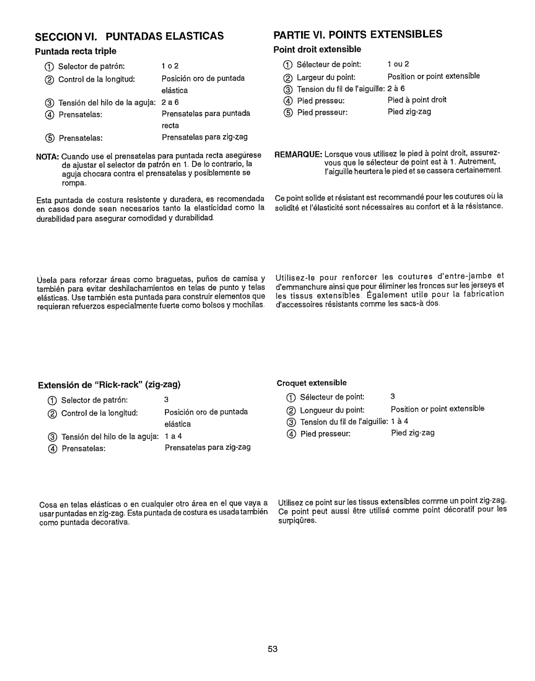 Kenmore 385.15512 owner manual Point droit extensible, Puntada recta triple 