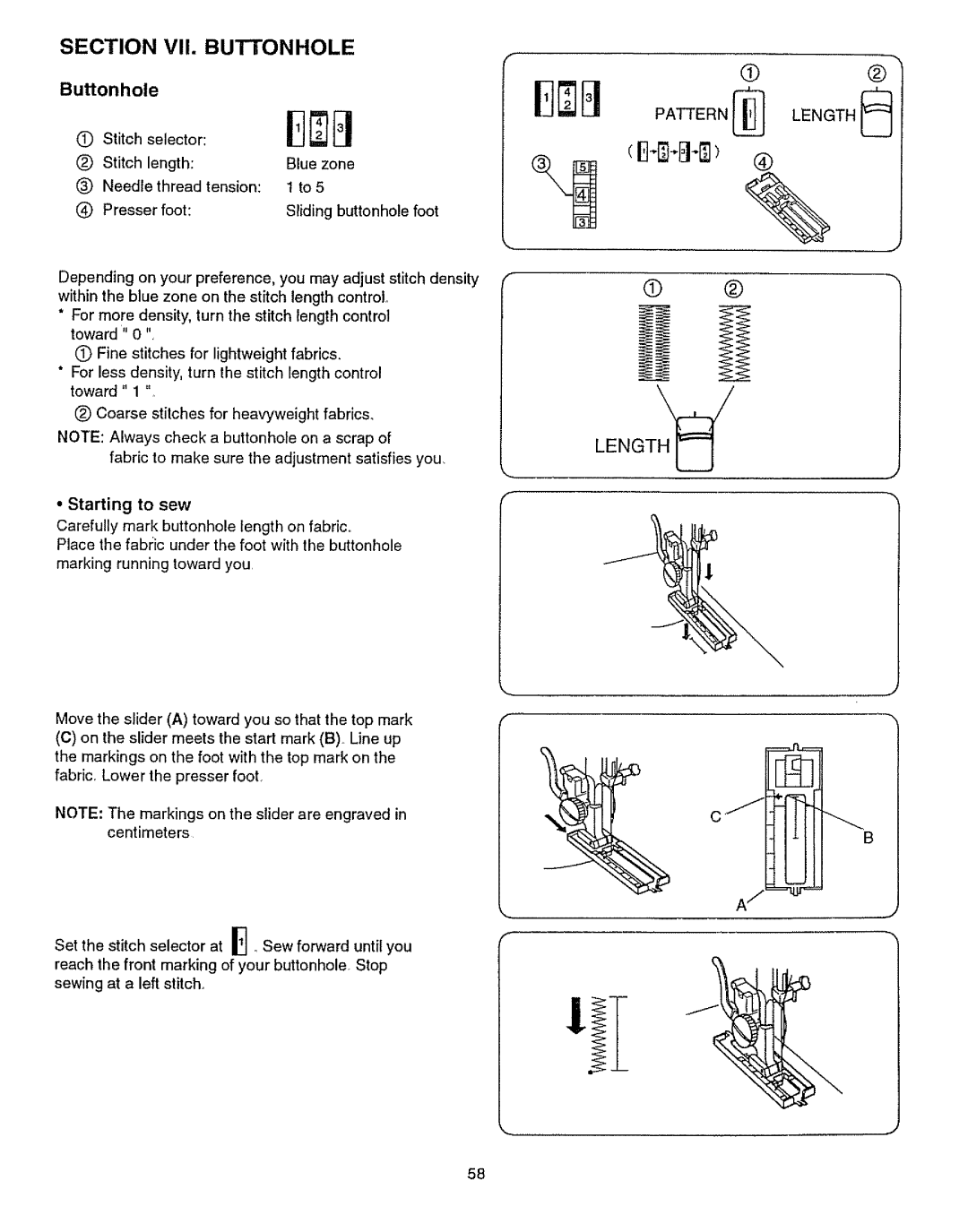 Kenmore 385.15512 Section VII. Buttonhole, Buonhole, Starting to sew, Carefully mark buttonhole length on fabric 