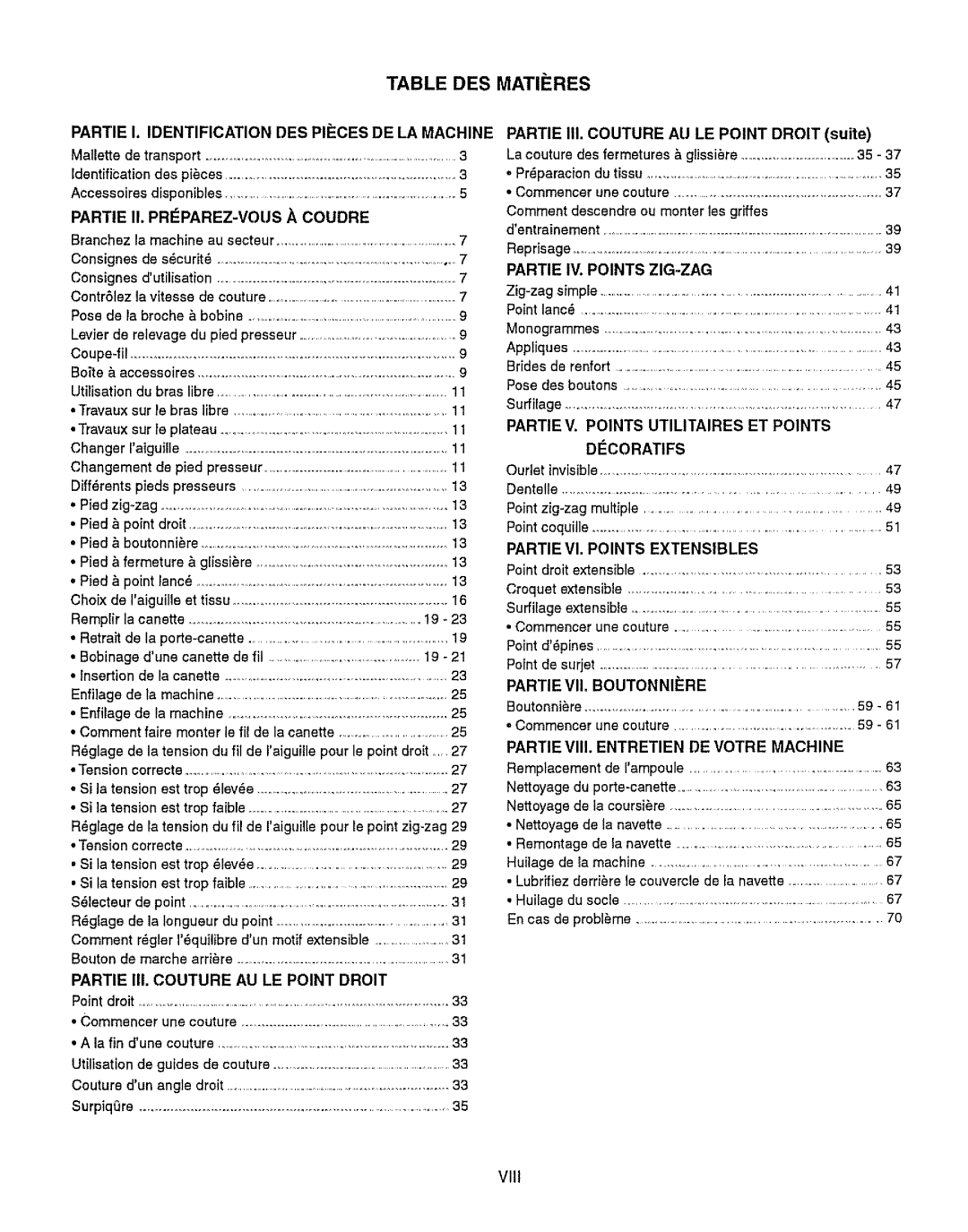 Kenmore 385.15512 owner manual Table DES Matiires, Partie I. Identification DES PIf=CES DE LA Machine 