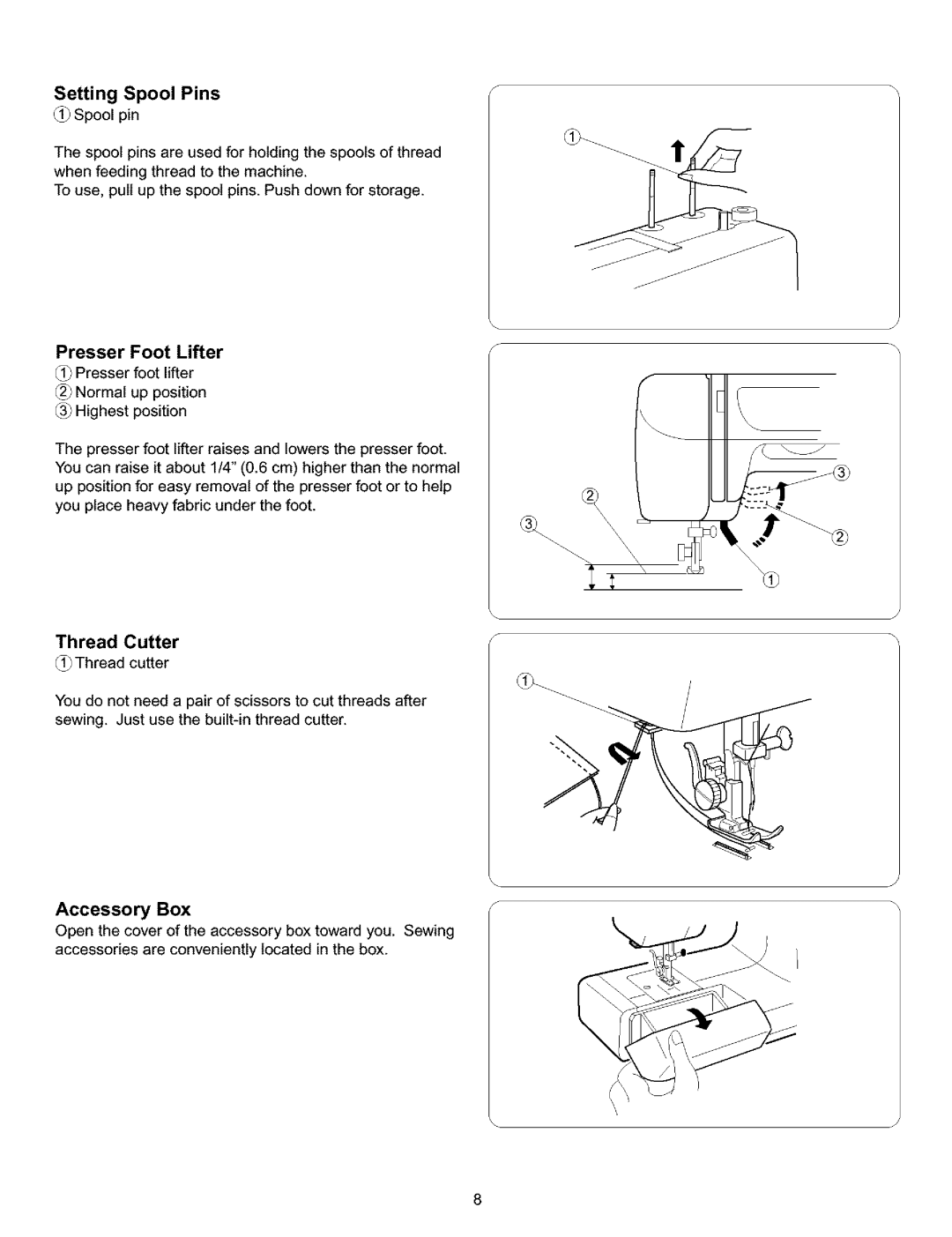 Kenmore 385.15516 owner manual Setting Spool Pins, Presser Foot Lifter, Thread Cutter 