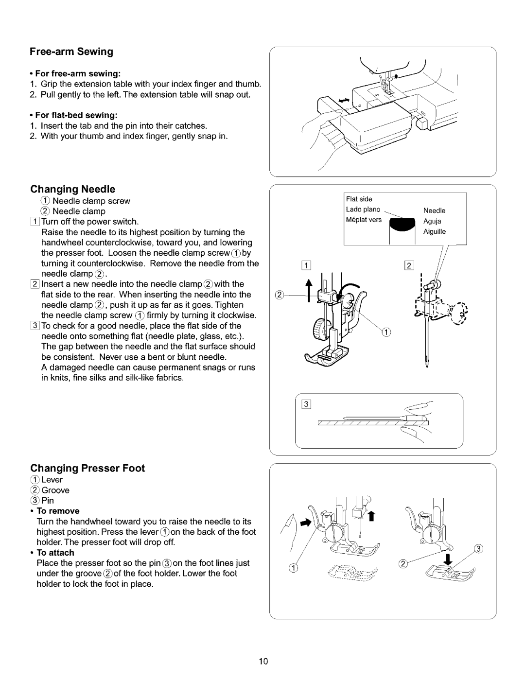 Kenmore 385.15516 owner manual Free-arm Sewing, Changing Needle, Changing Presser Foot, For free-armsewing, To remove 