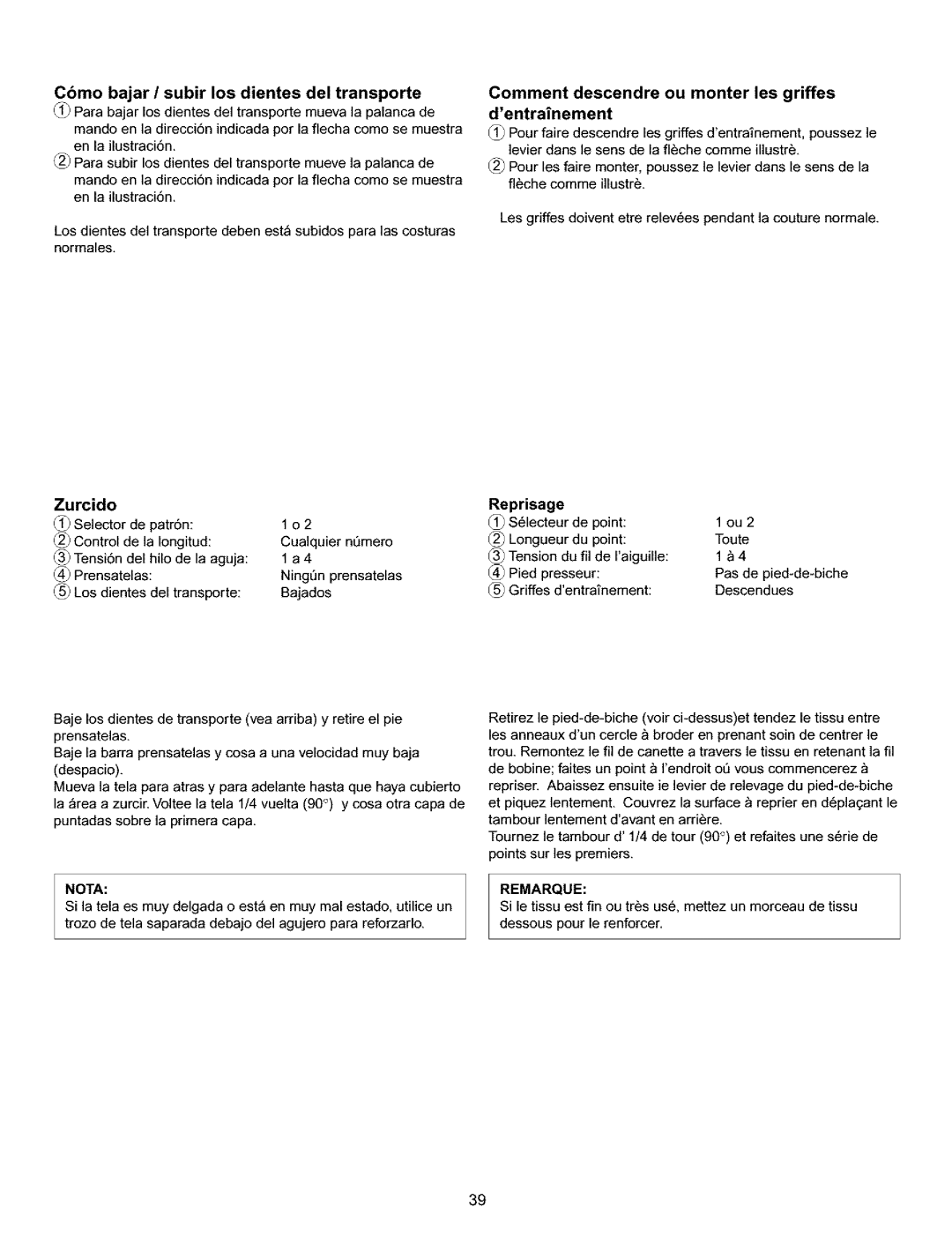 Kenmore 385.15516 owner manual Zurcido, Comment descendre ou monter les griffes dentrainement, Reprisage 