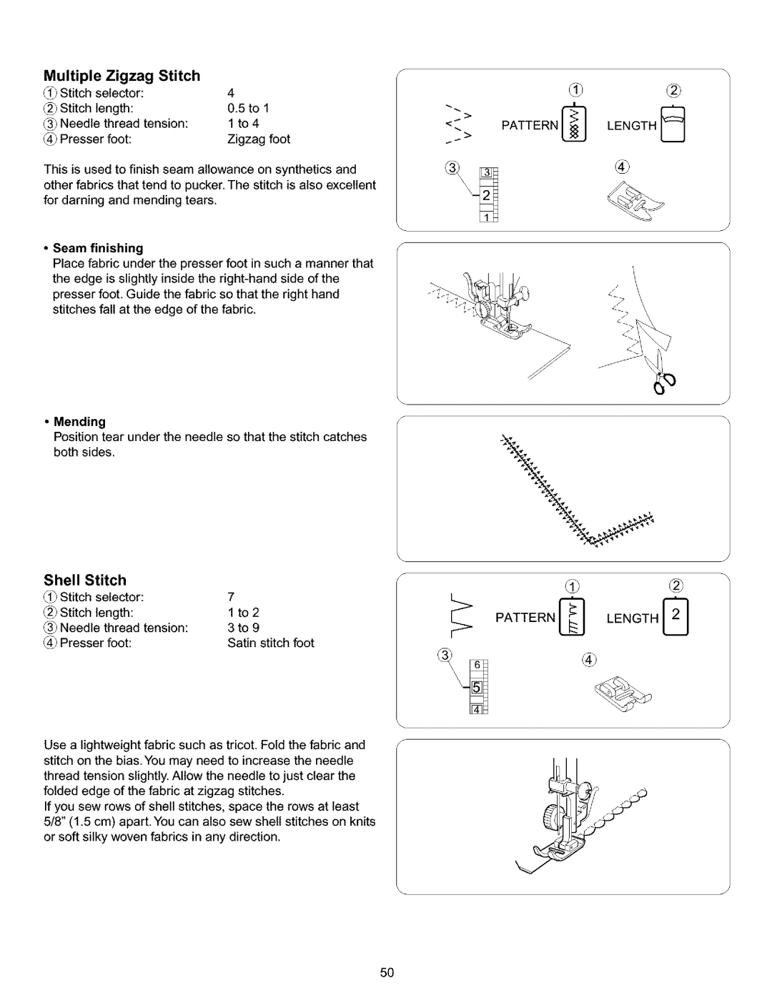 Kenmore 385.15516 owner manual Multiple Zigzag Stitch, Shell Stitch, Mending 