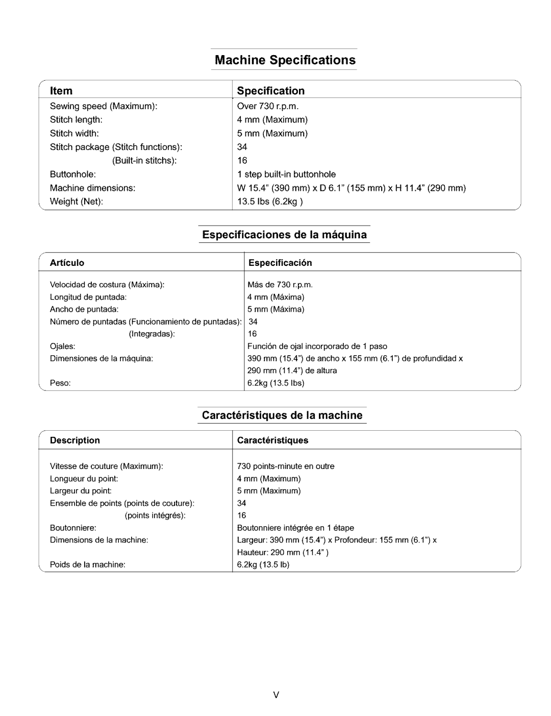 Kenmore 385.15516 owner manual Specification, Especificaciones De la m&quina, Caractristiques de la machine 