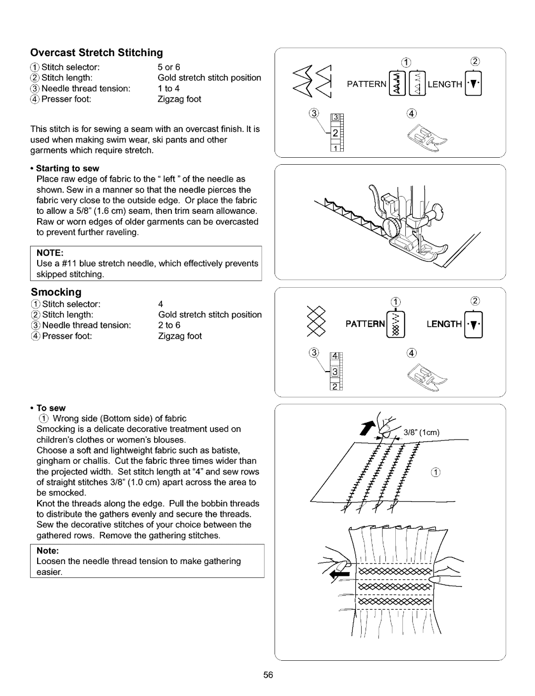 Kenmore 385.15516 owner manual Stretch Stitching, Smocking, Overcast 