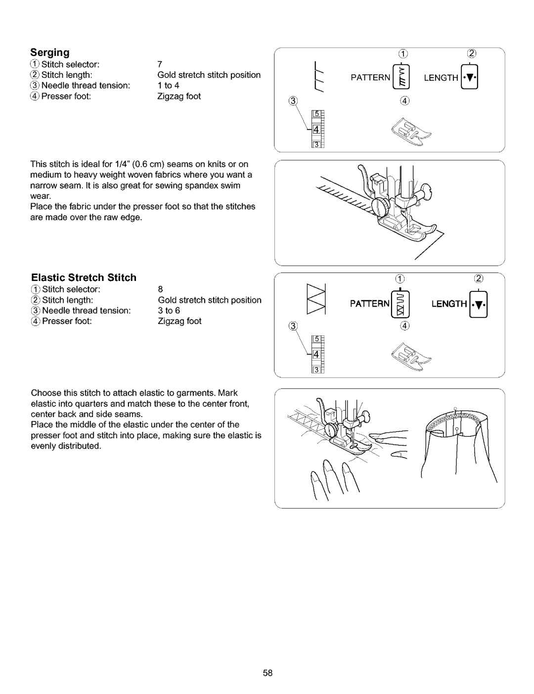 Kenmore 385.15516 owner manual Serging, Elastic, Stretch 