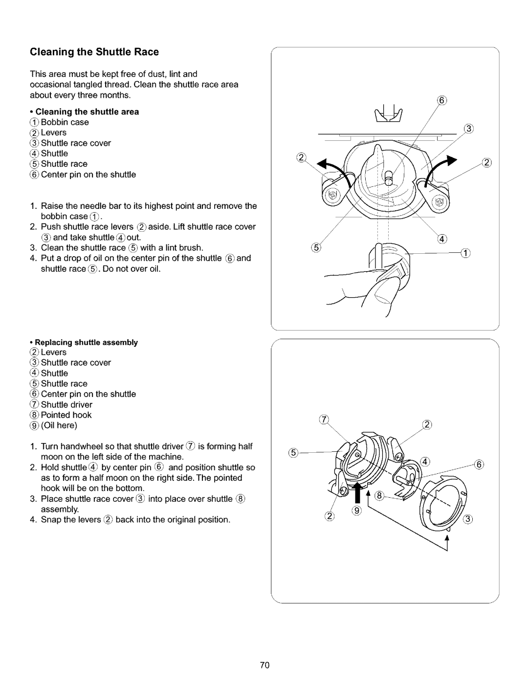 Kenmore 385.15516 Cleaning the Shuttle Race, Cleaning the shuttle area Bobbin case, Replacing shuttle assembly Levers 