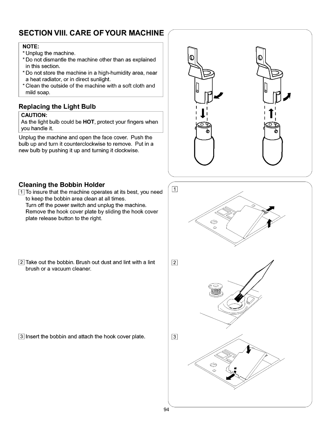 Kenmore 385.160201 owner manual Section VIII. Care Ofyour Machine s, Replacing the Light Bulb 