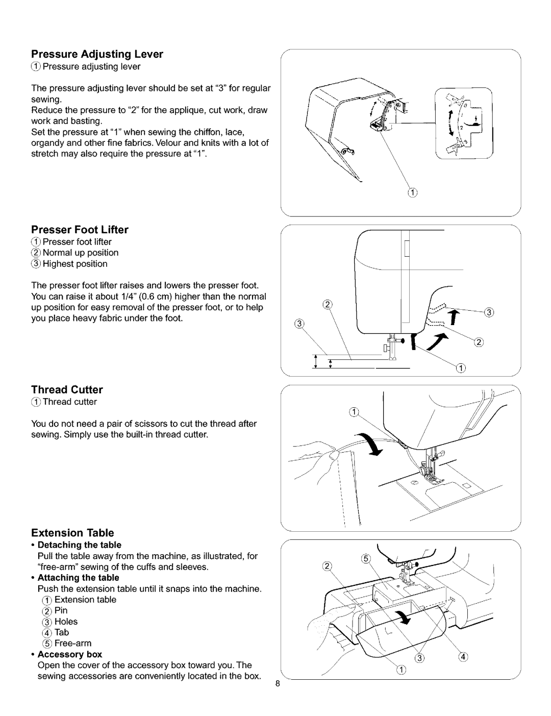 Kenmore 385.160201 Presser Foot Lifter, Pressure Adjusting Lever, Thread Cutter, Extension Table Detaching the table 