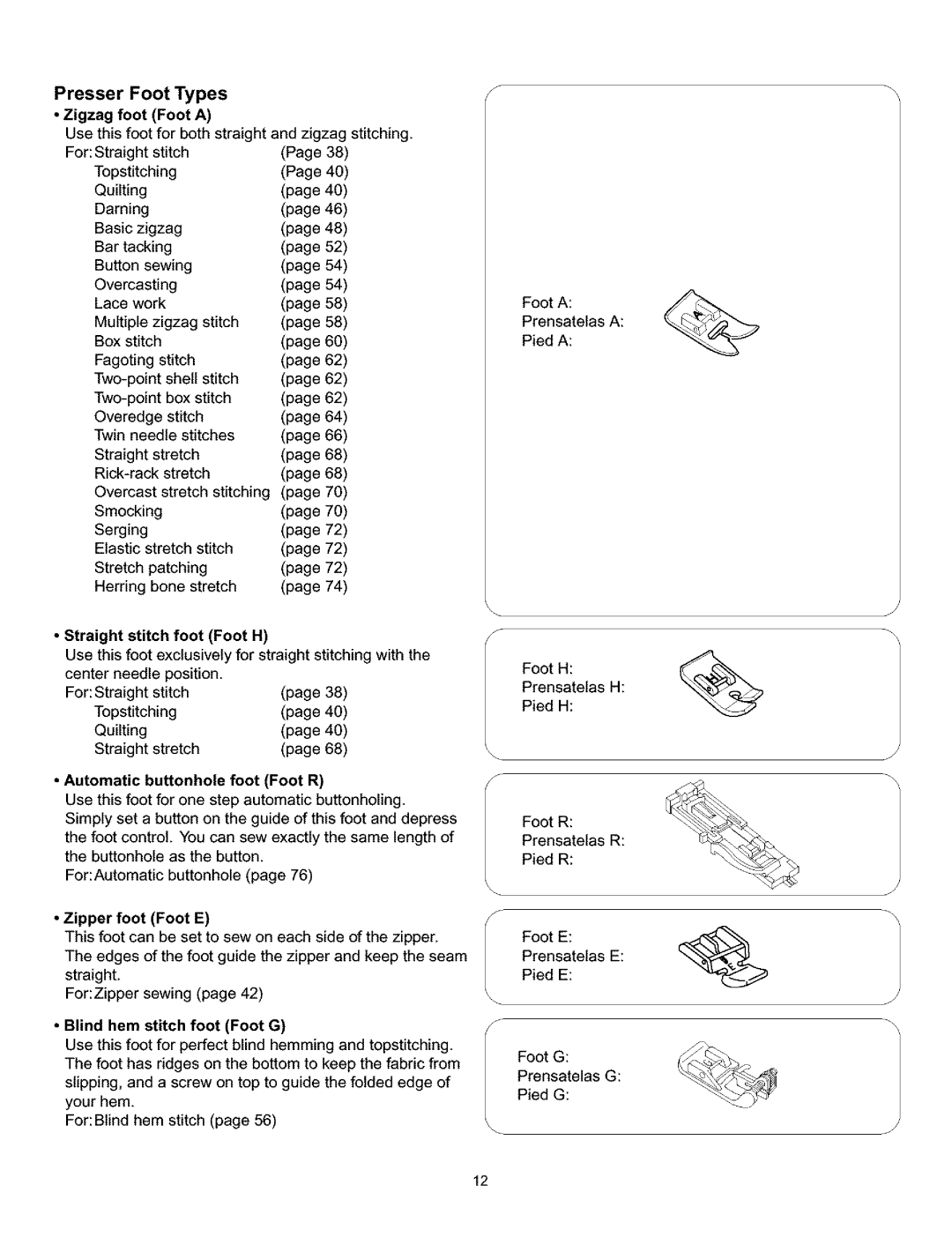 Kenmore 385.160201 owner manual Presser Foot Types, Straight stitch foot Foot H, Automatic buttonhole foot Foot R 