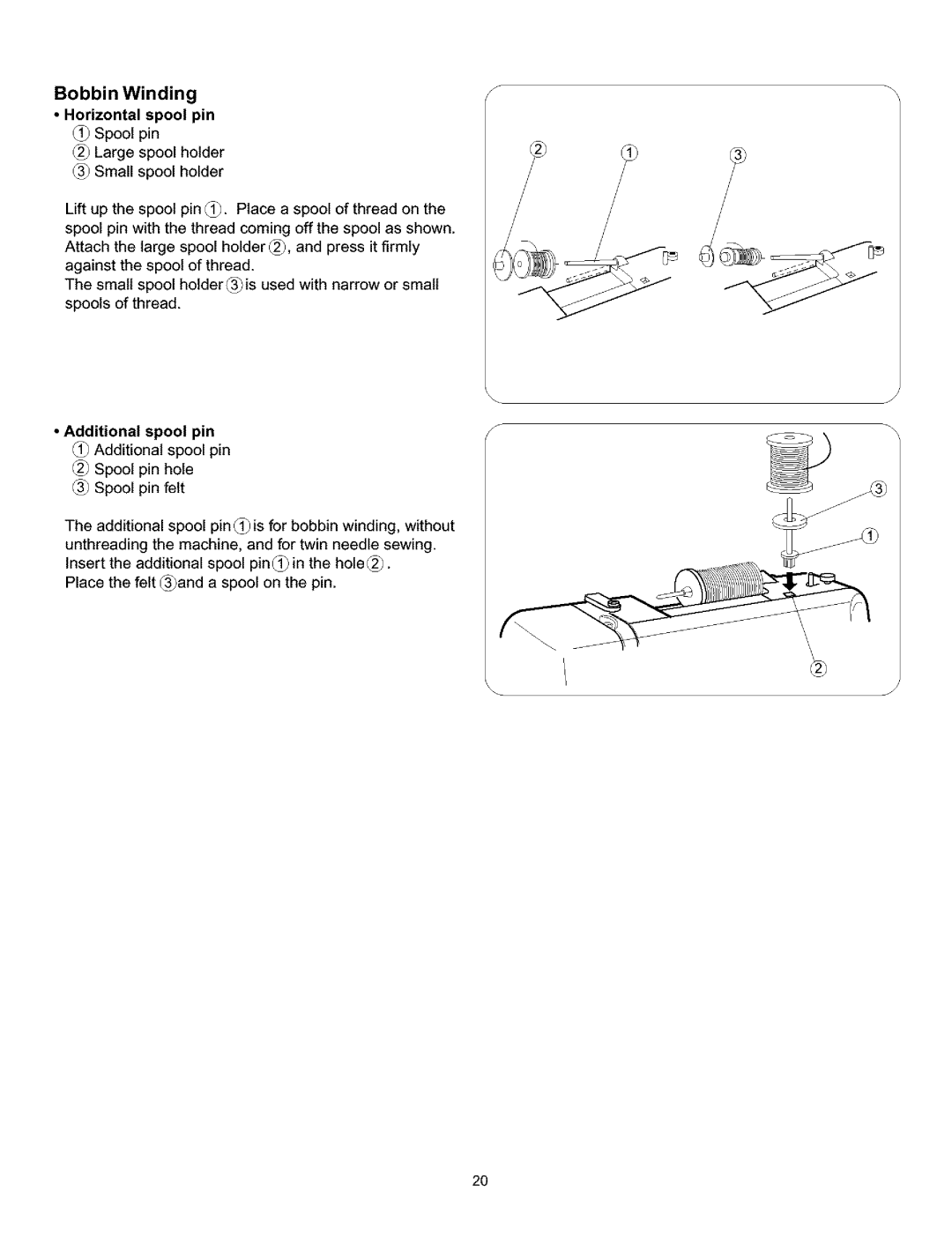 Kenmore 385.160201 owner manual Bobbin Winding Horizontal spool pin Spool pin, Additional spool pin 1Additional spool pin 