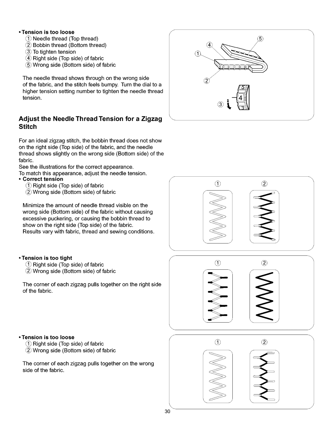 Kenmore 385.160201 owner manual Adjust the Needle Thread Tension for a Zigzag Stitch 