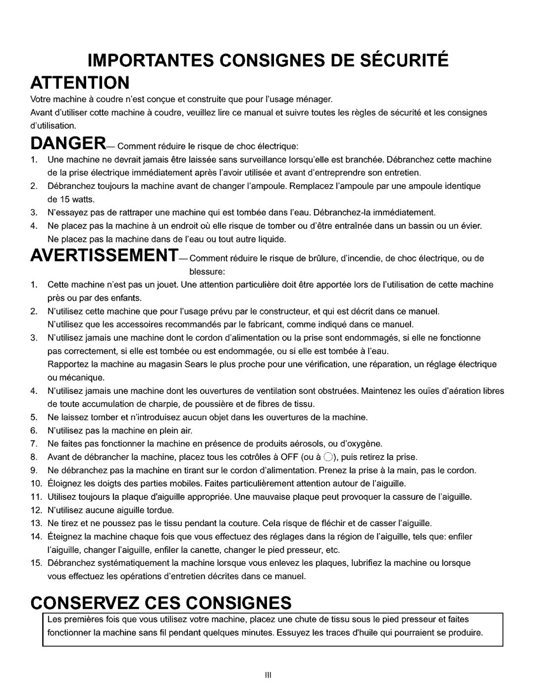 Kenmore 385.160201 owner manual Importantes Consignes DE SI Curiti 