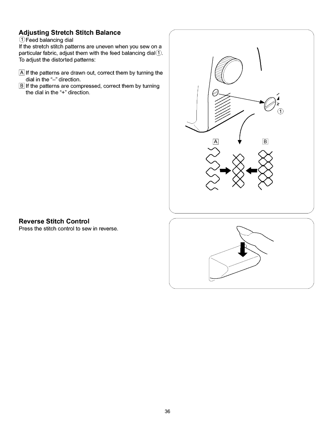 Kenmore 385.160201 owner manual Adjusting Stretch Stitch Balance, Reverse Stitch Control 