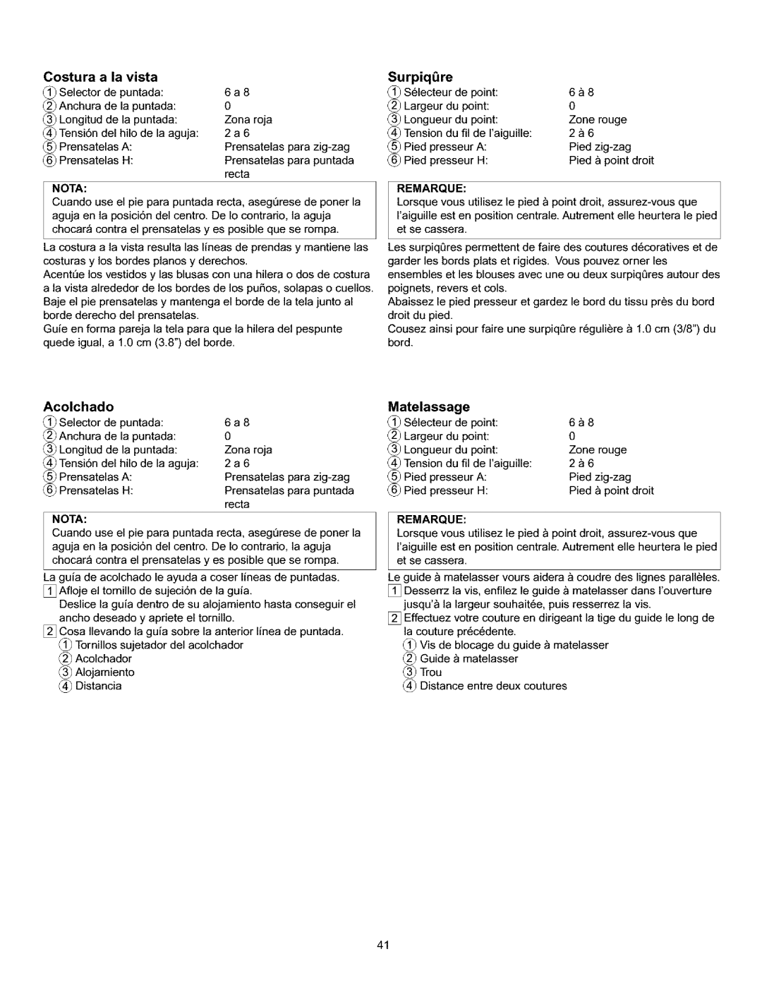 Kenmore 385.160201 owner manual Costura La vista, Acolchado, SurpiqQre, Matelassage, Pied presseur H 