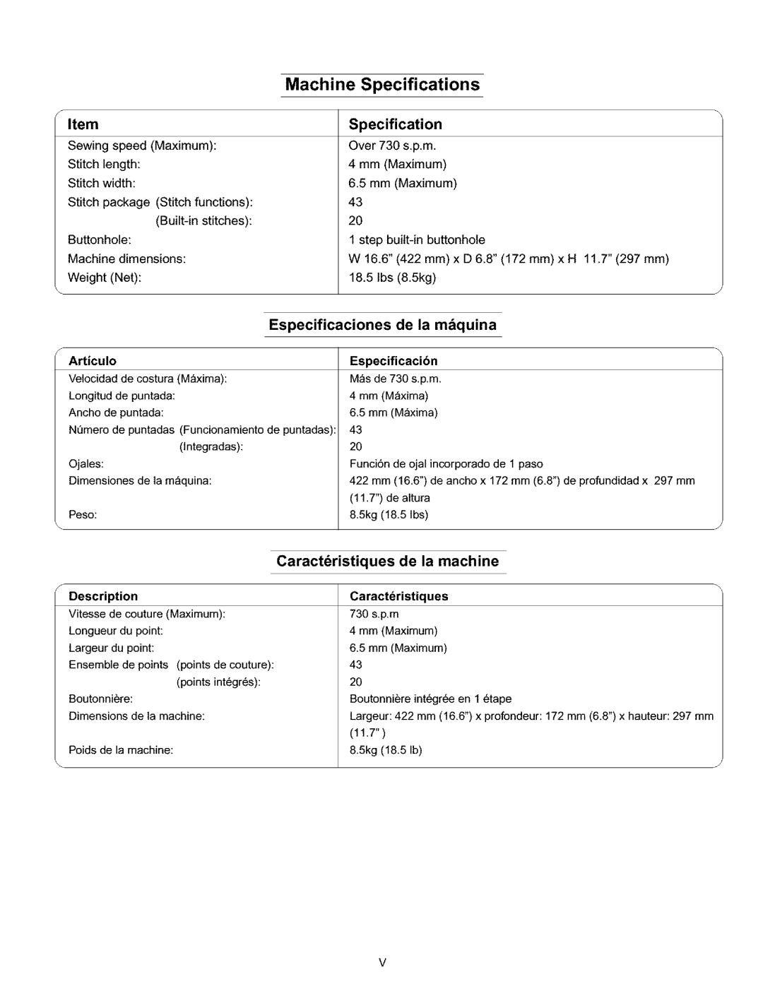 Kenmore 385.160201 owner manual Specification, Especificaciones De la m&quina, Caractristiques La machine 