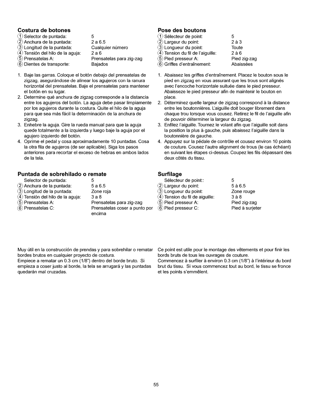 Kenmore 385.160201 owner manual Puntada Sobrehilado, Suffilage, Costura Botones, Pose des Boutons, Longitud de 