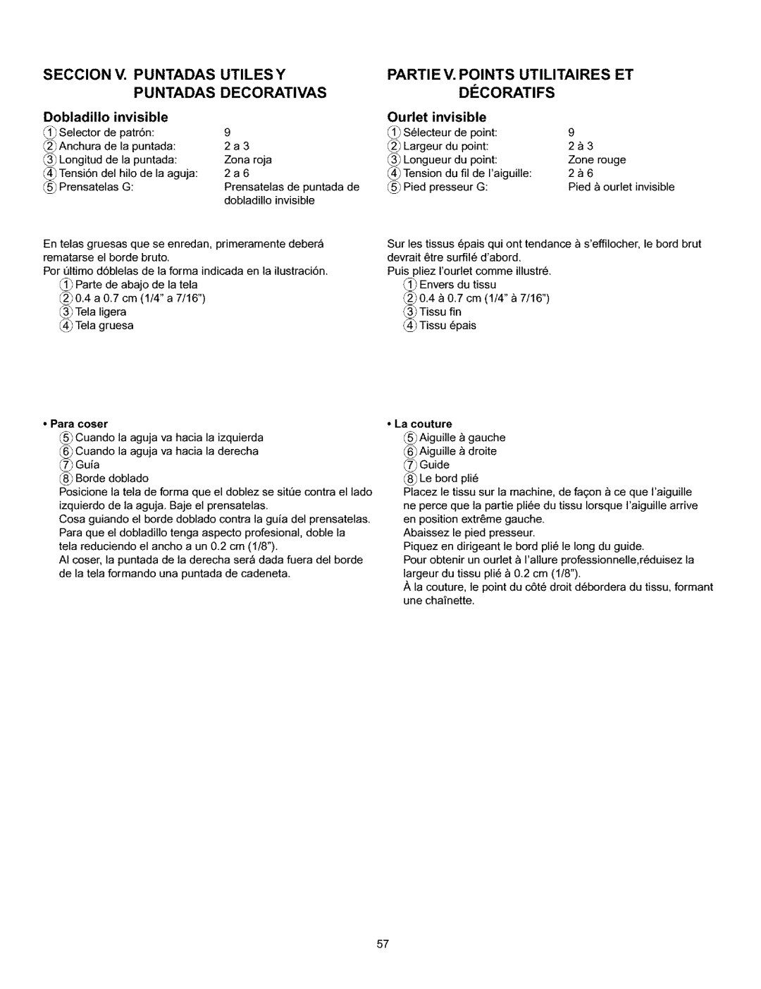 Kenmore 385.160201 Seccion Puntadas Utilesy Decorativas, Partie V. Points Utilitaires ET Dicoratifs, Dobladillo Invisible 