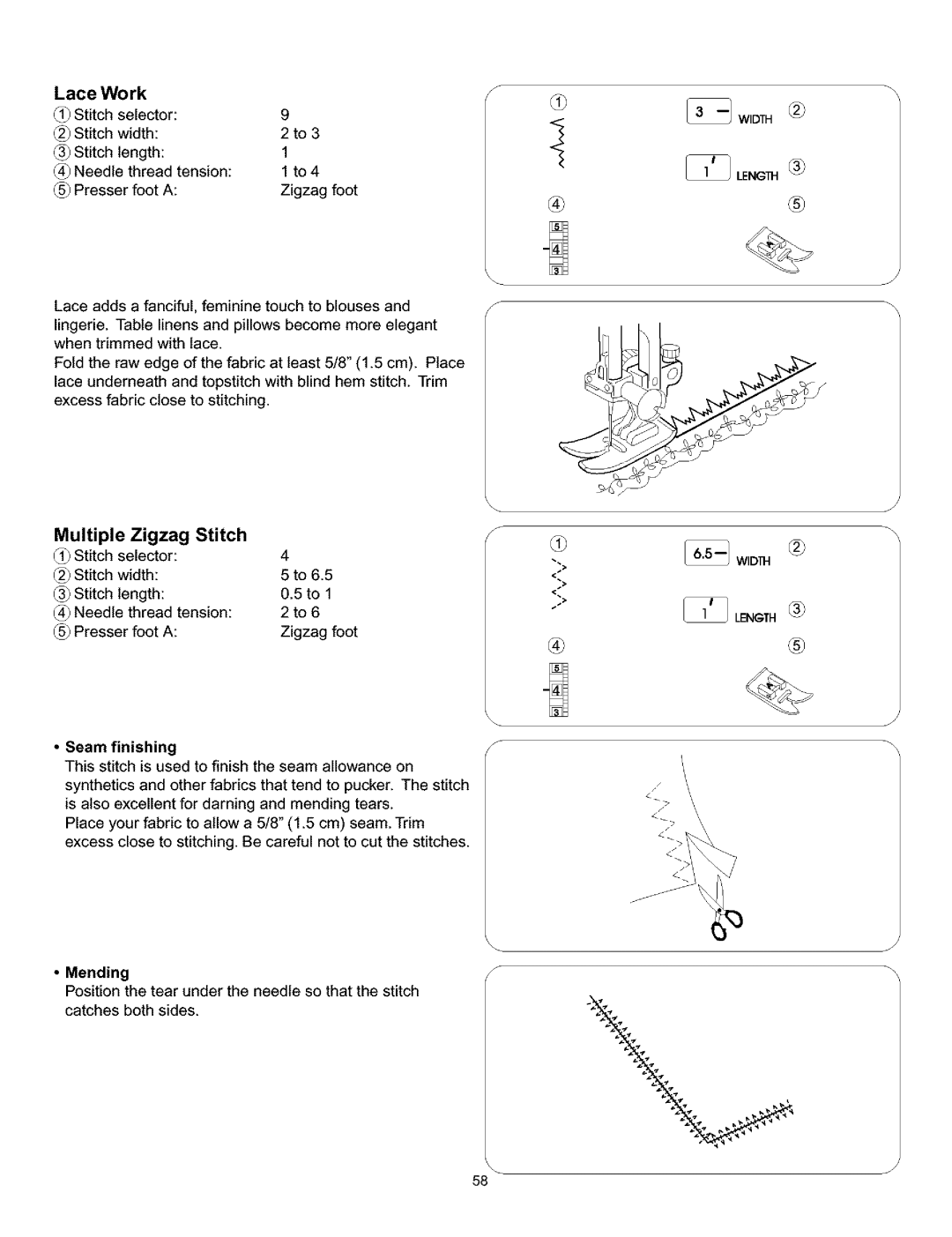 Kenmore 385.160201 owner manual Multiple Zigzag Stitch, Lace Work, Seam finishing, Mending 