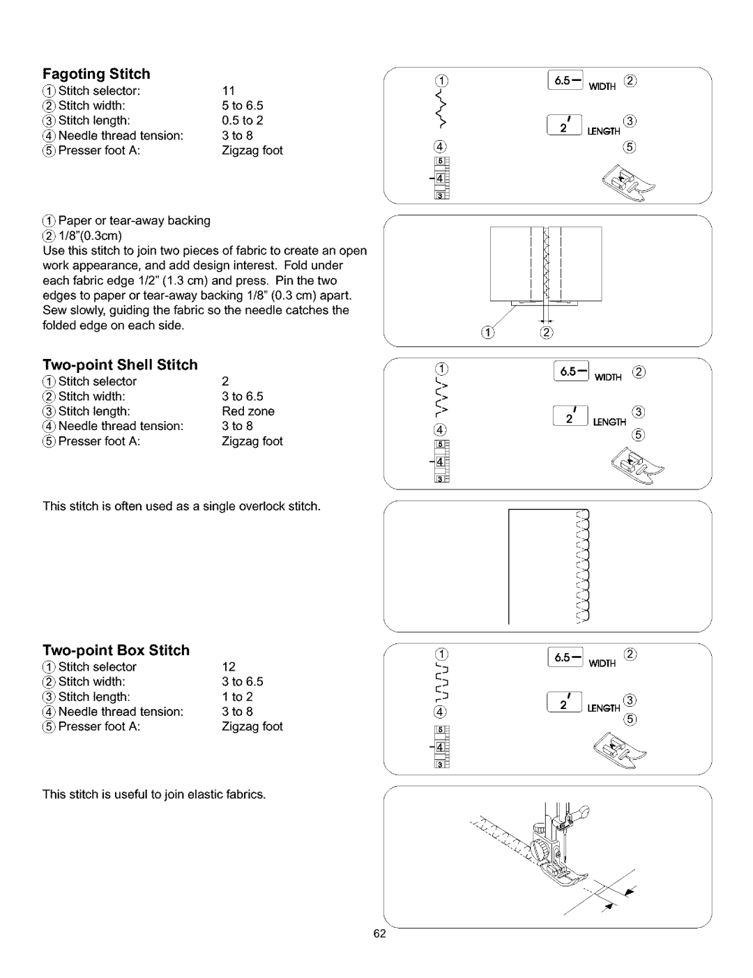 Kenmore 385.160201 owner manual Fagoting Stitch, Two-point Box Stitch, Two-pointShell Stitch 