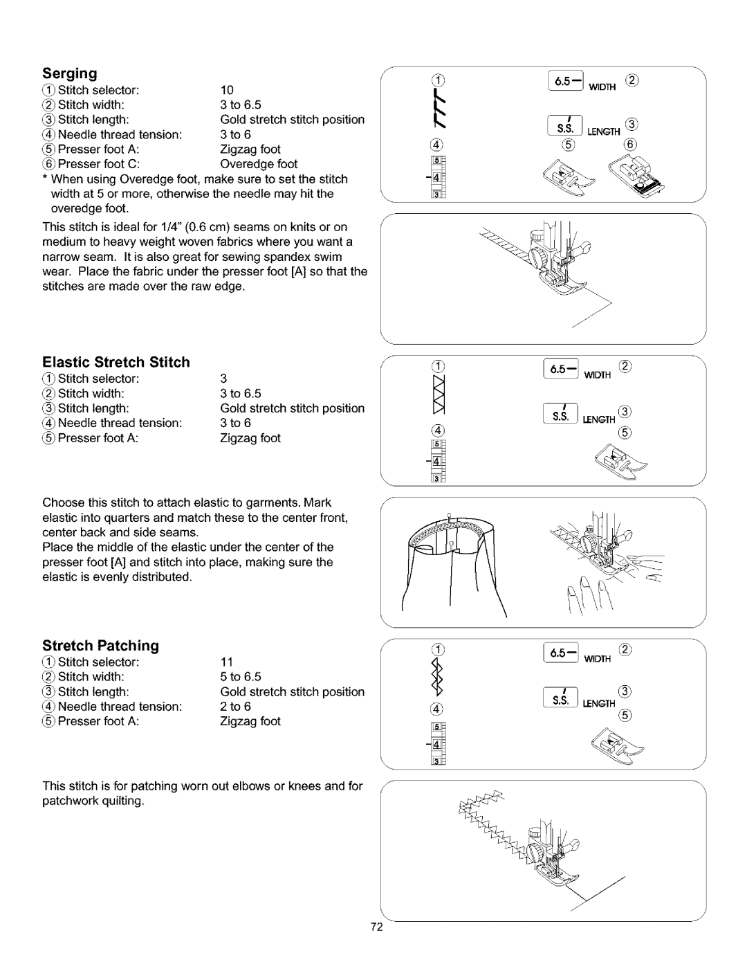 Kenmore 385.160201 owner manual Serging, Elastic Stretch Stitch, Stretch Patching 