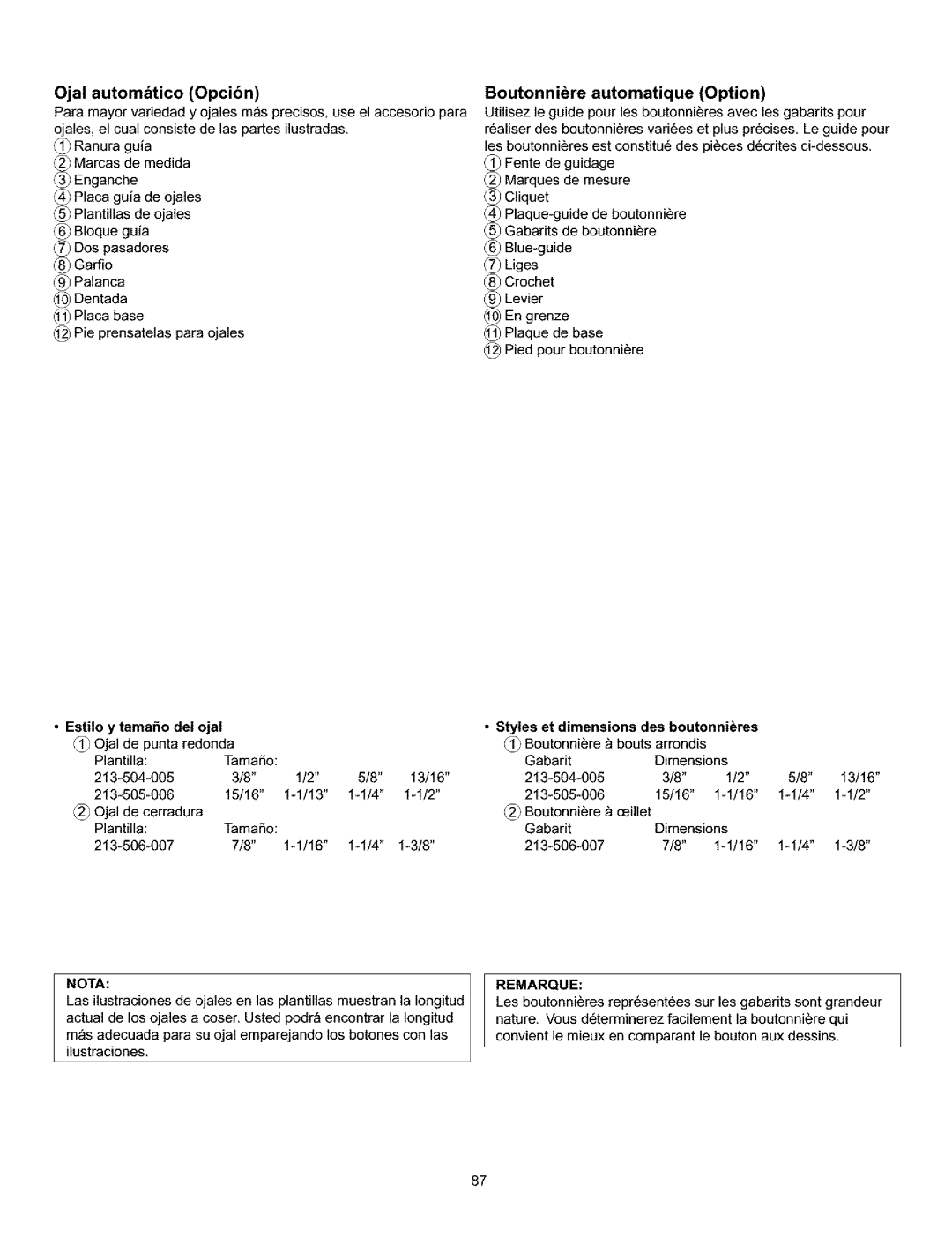 Kenmore 385.160201 owner manual Ojal autombtico Opcibn, Boutonniere automatique Option 