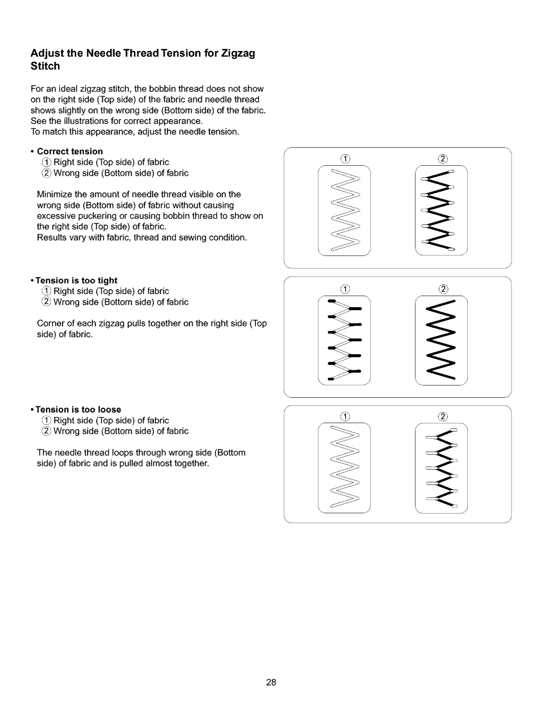 Kenmore 385.16120200 owner manual Adjust the Needle Thread Tension for Zigzag Stitch 