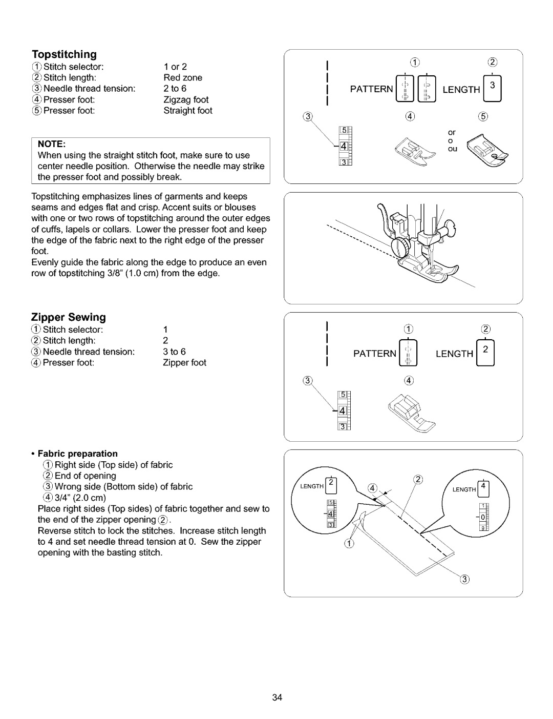 Kenmore 385.16120200 owner manual Topstitching, Zipper, Sewing, Fabric preparation 