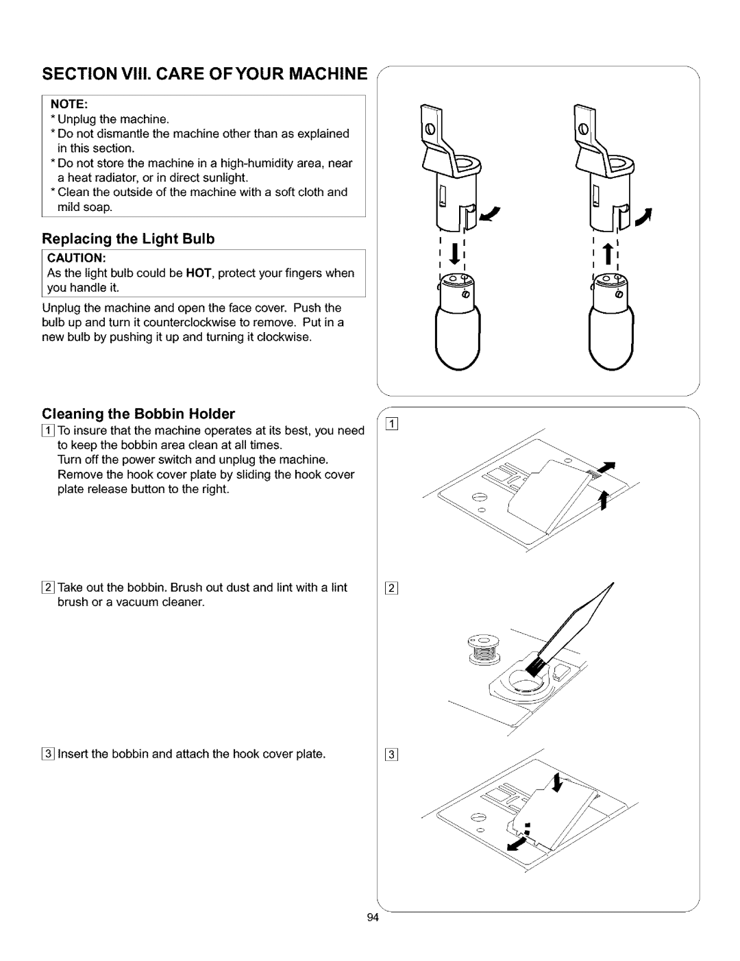 Kenmore 385.161302 owner manual Replacing the Light Bulb, Cleaning the Bobbin Holder 