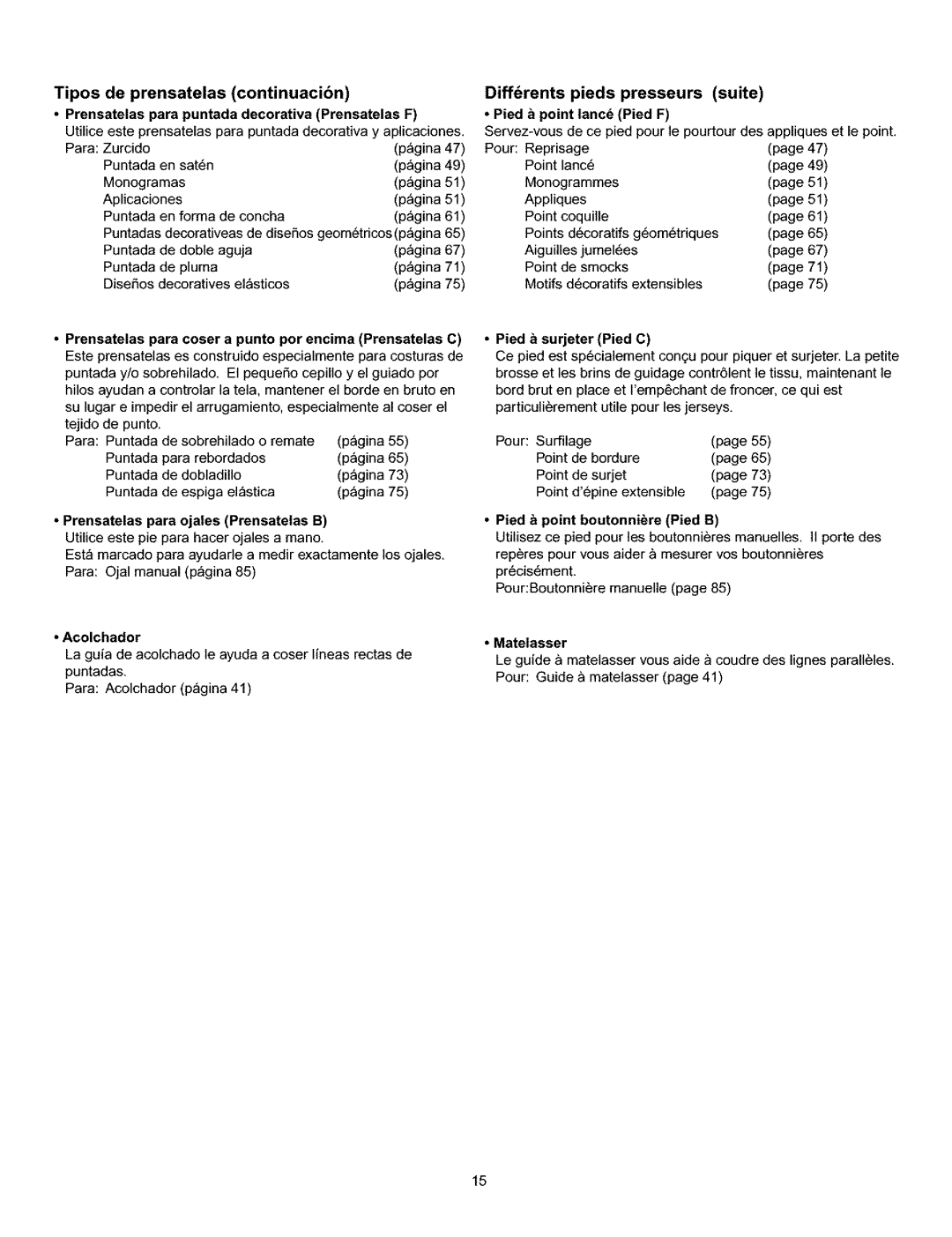 Kenmore 385.161302 Tipos de prensatelas continuacibn, Diffrents pieds presseurs suite Pied & point lanc Pied F, Pbgina 