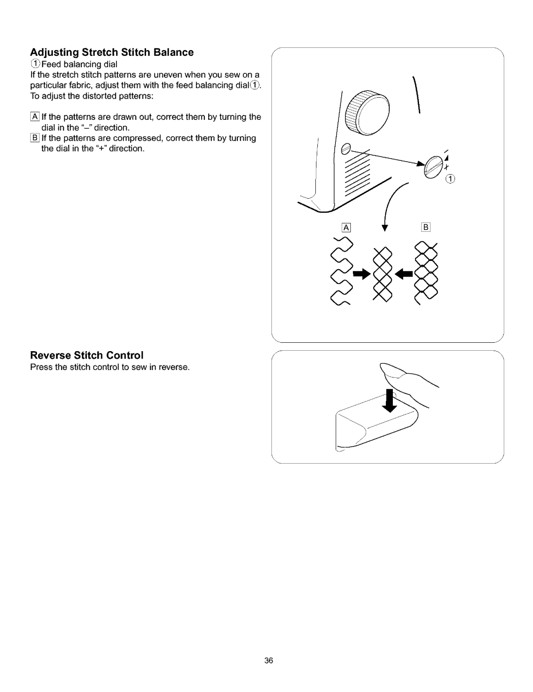 Kenmore 385.161302 owner manual Adjusting Stretch Stitch Balance, Reverse Stitch Control 