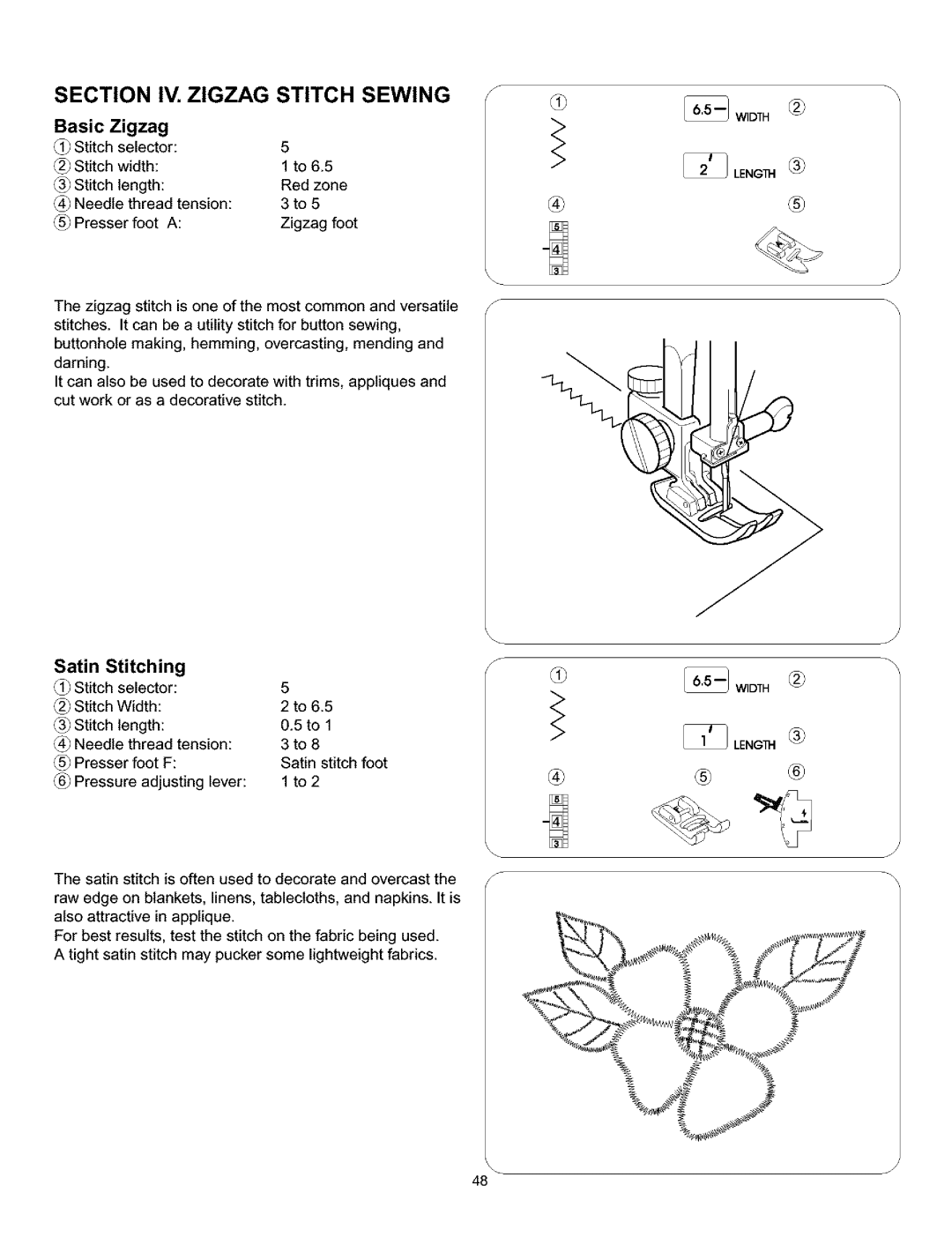 Kenmore 385.161302 owner manual Basic Zigzag, Satin Stitching 