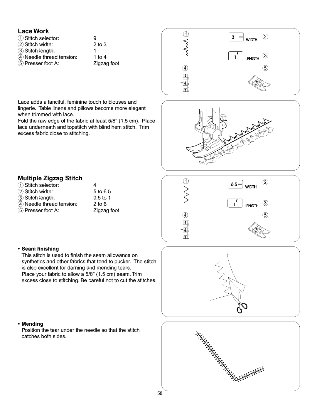 Kenmore 385.161302 owner manual Multiple Zigzag Stitch, Lace Work, Mending 