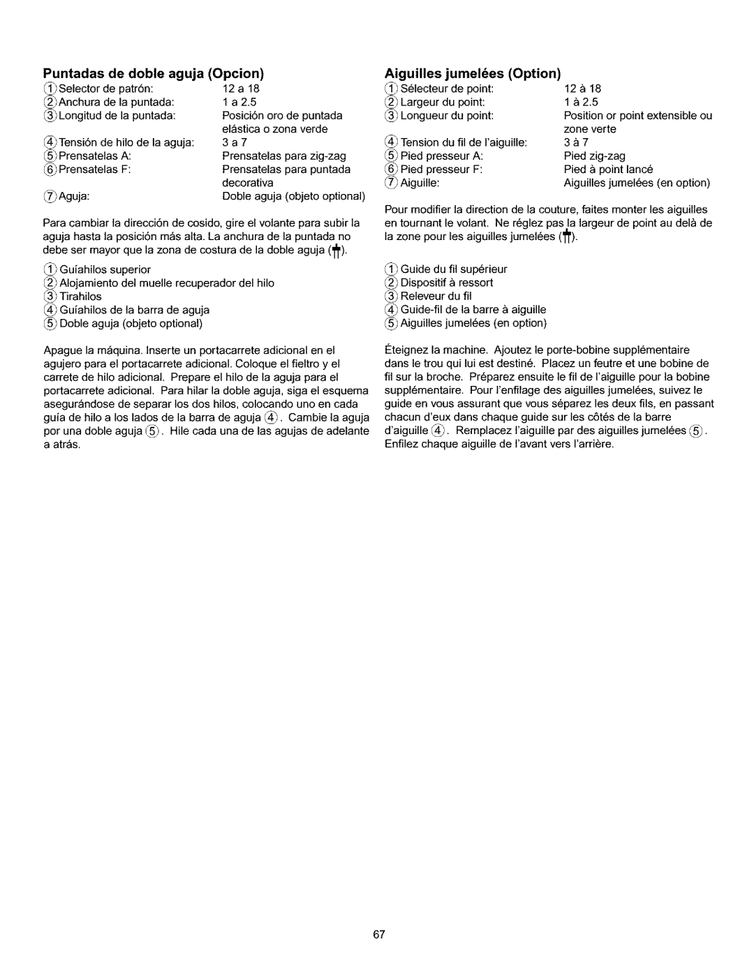 Kenmore 385.161302 owner manual Puntadas de doble aguja Opcion Aiguilles jumeles Option 