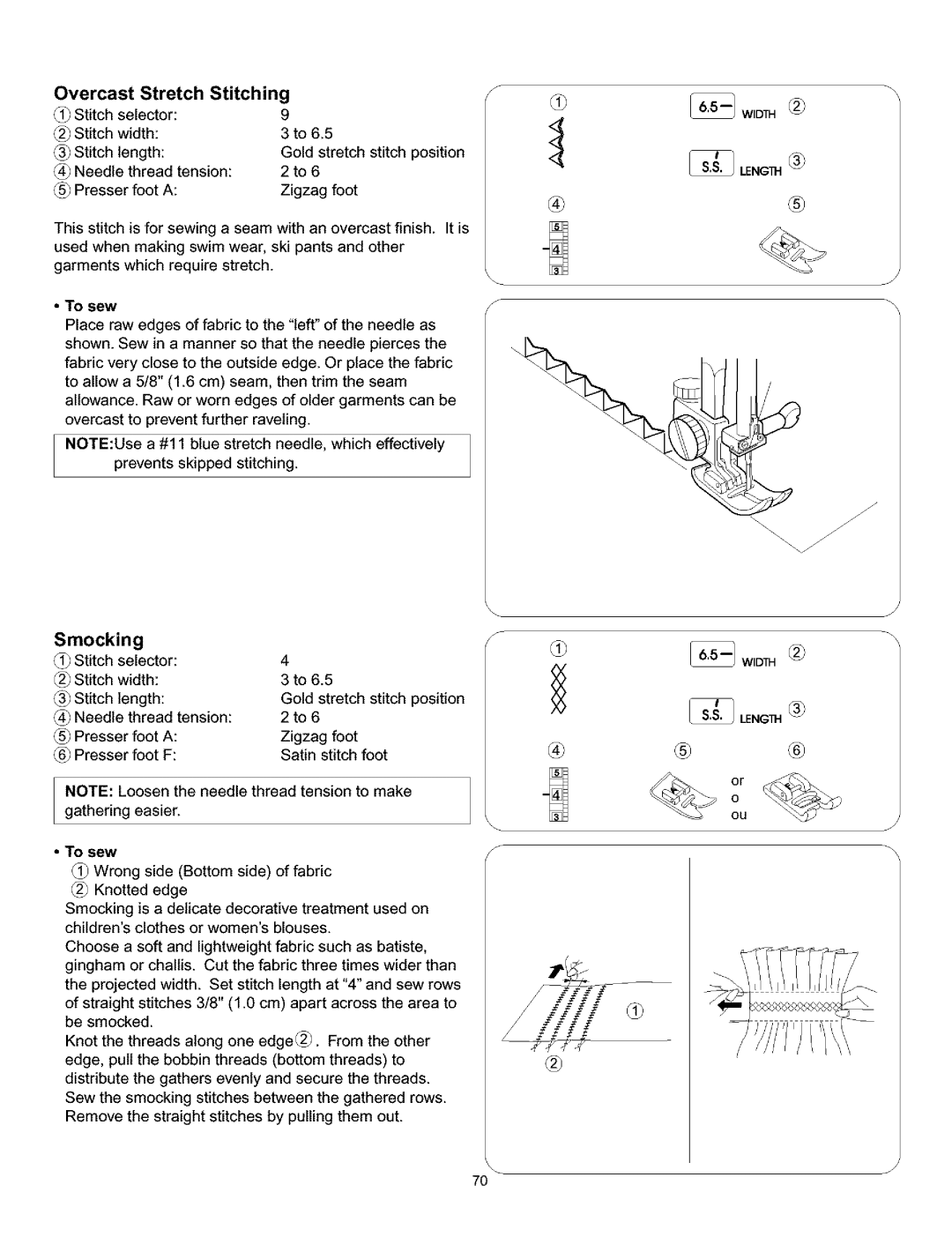 Kenmore 385.161302 owner manual Stretch Stitching, Smocking, Overcast, Stitch selector Stitch width Stitch length 