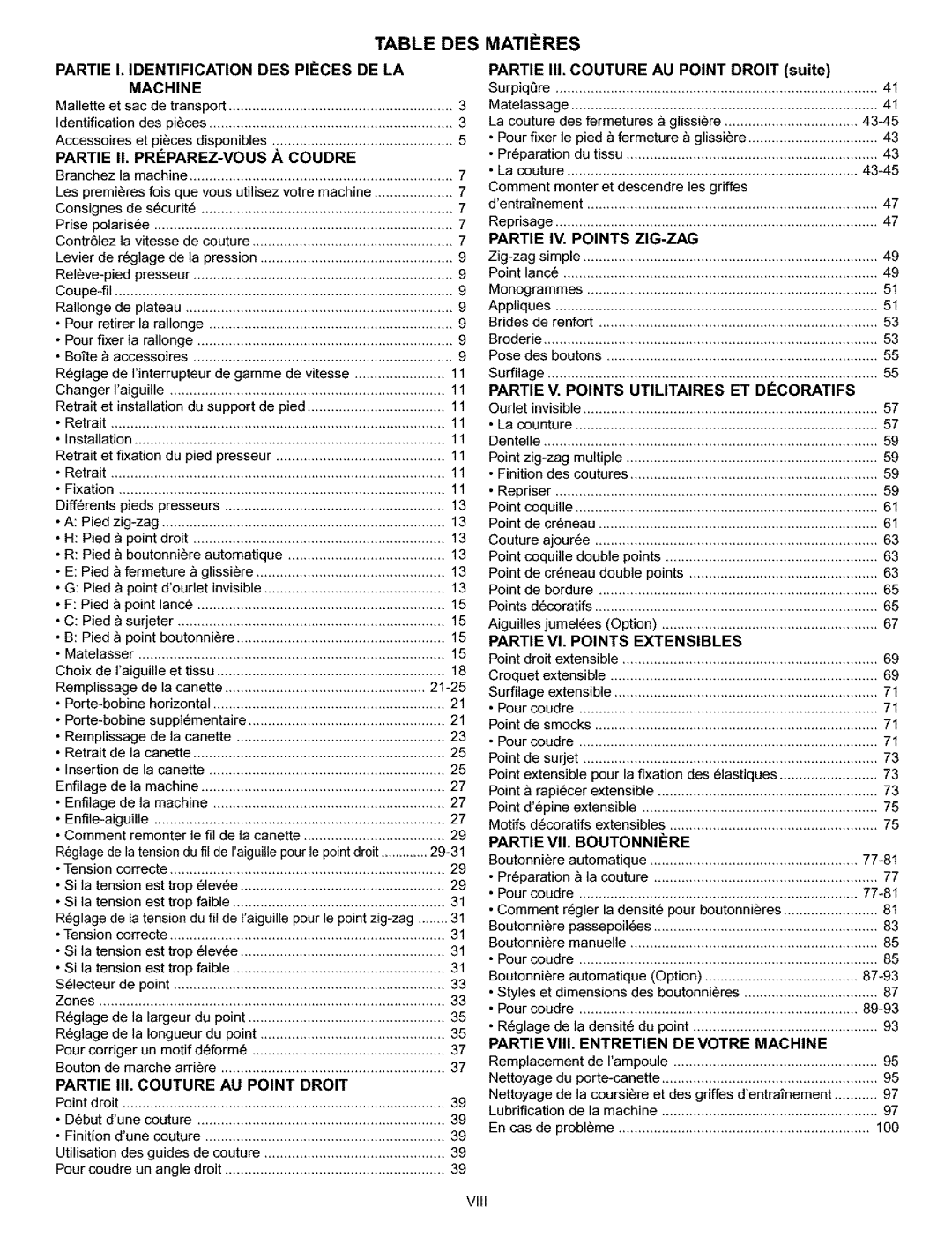 Kenmore 385.161302 owner manual Table DES Matifres, Partie III. Couture AU Point Droit suite, EXTENSlBLES 