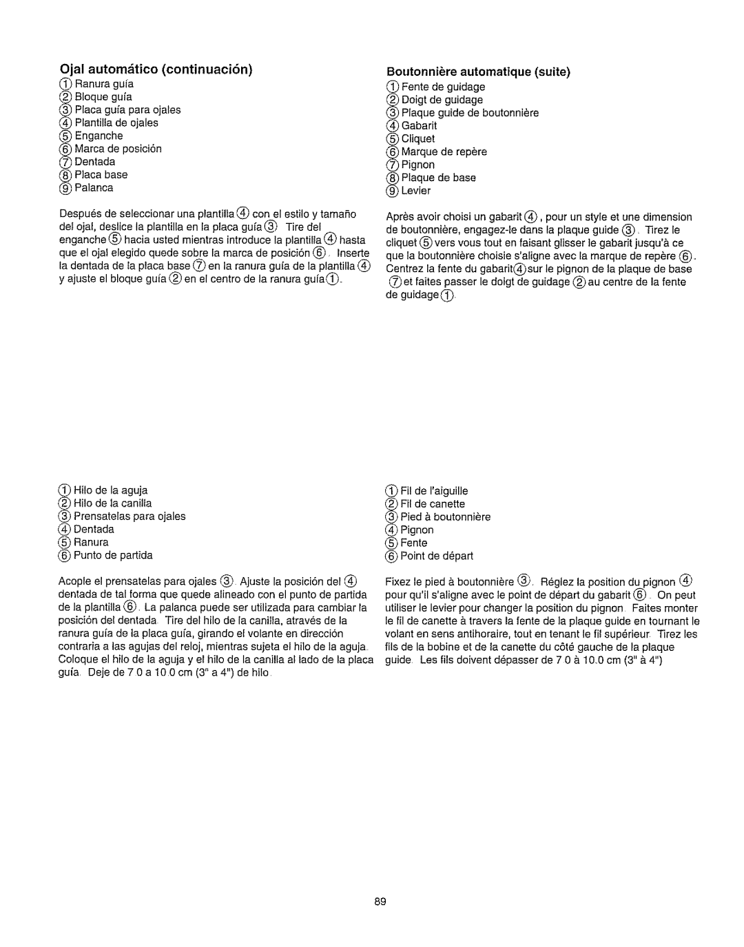 Kenmore 385.162213 owner manual Ojal automdtico continuaci6n 