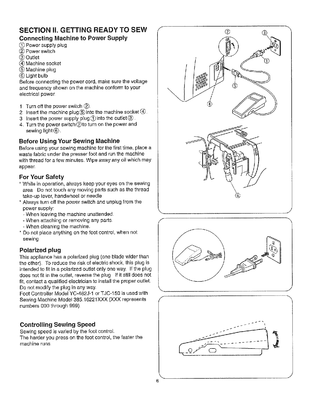 Kenmore 385.162213 Connecting Machine to Power Supply, Before Using Your Sewing Machine, For Your Safety, Polarized plug 