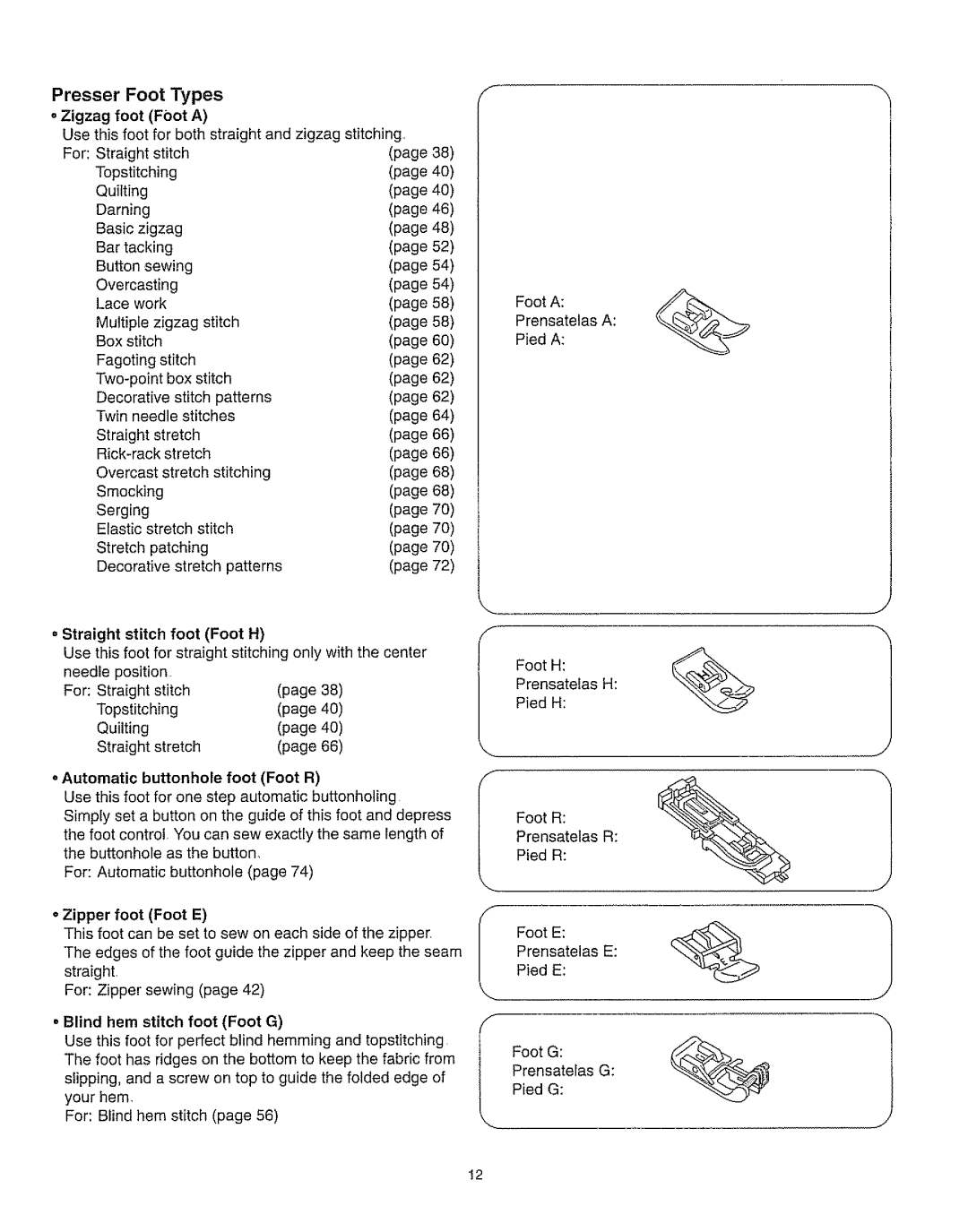 Kenmore 385.162213 owner manual Presser Foot Types Zigzag foot Foot a, Two-point box stitch Decorative Stitch Patterns Twin 