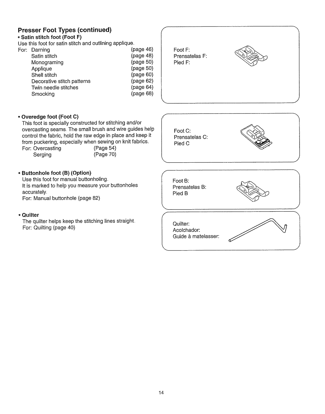 Kenmore 385.162213 owner manual Presser Foot, Types, OSatin stitch foot Foot F, Monograming Applique Shell 