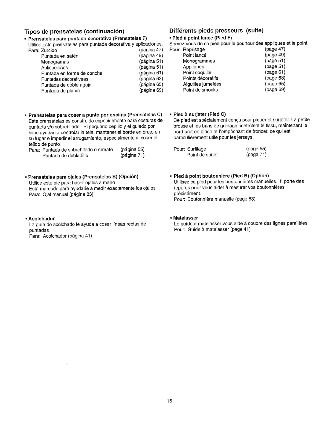 Kenmore 385.162213 Tipos de prensatelas continuaci6n, Diffrents pieds presseurs suite = Pied point lanc Pied F, Matelasser 