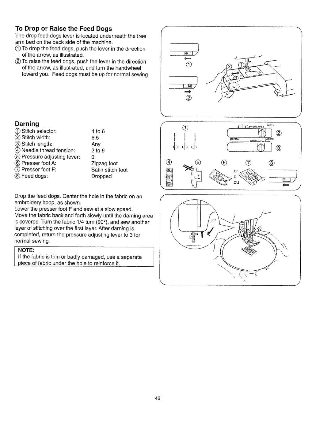 Kenmore 385.162213 Darning, To Drop or Raise the Feed Dogs, Stitch Selector Width Length Any Needle thread tension 