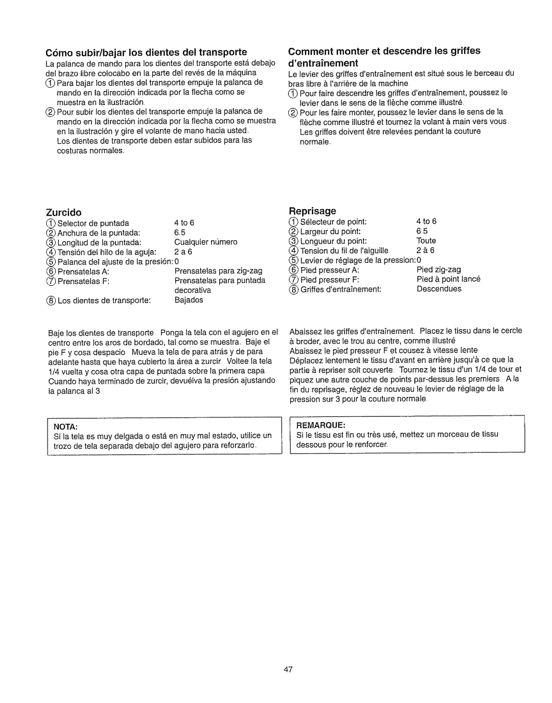 Kenmore 385.162213 Dentrainement, C6mo subidbajar los dientes del transporte, Comment monter et descendre les griffes 