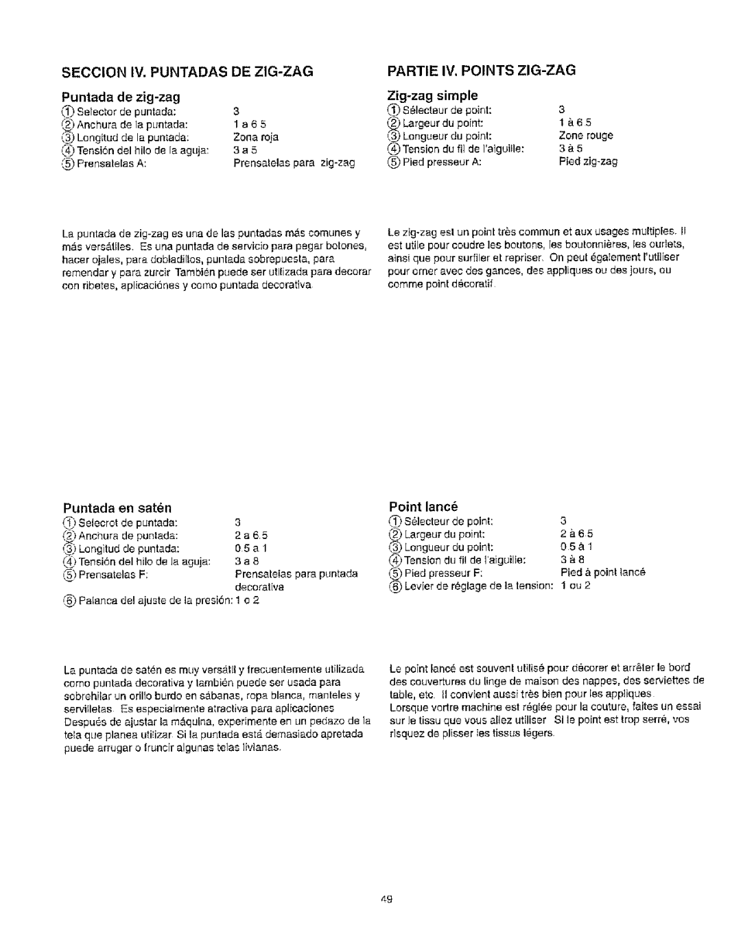 Kenmore 385.162213 owner manual Puntada de zig-zag, Tensiondu fil de Iaiguille Pied presseur a, Point lanc6 