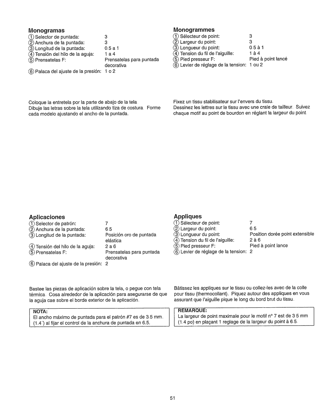 Kenmore 385.162213 owner manual Monogramas, Monogrammes, Aplicaciones, Appliques, Longueur du point 