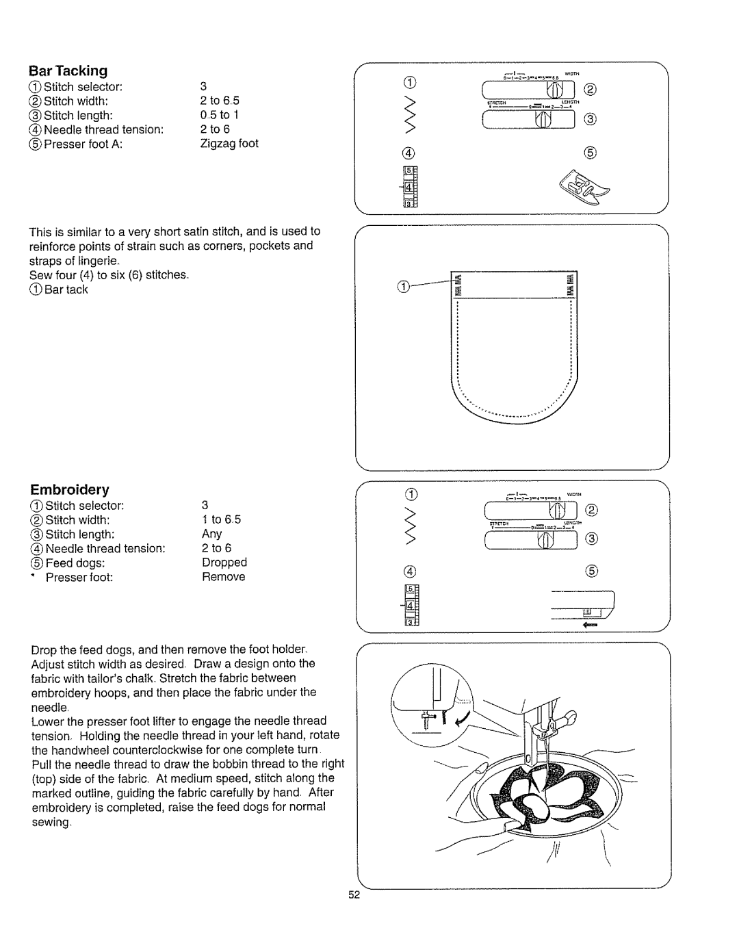 Kenmore 385.162213 owner manual Bar Tacking, Embroidery, Presser foot 