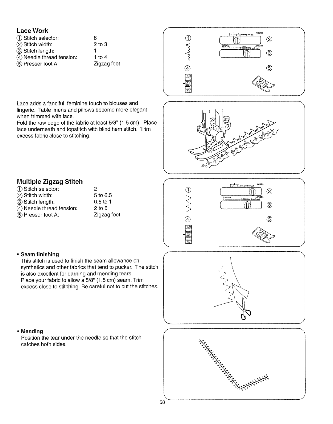 Kenmore 385.162213 owner manual Multiple Zigzag Stitch, Lace Work 